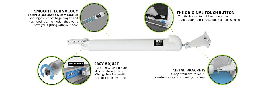 storm door closer, screen door closer, door closure, screen door, touch 'n hold, ez glide
