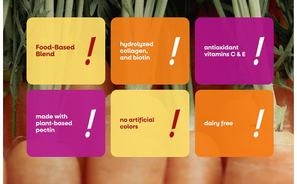 Yellow, orange, pink text boxes on top of a carrot background