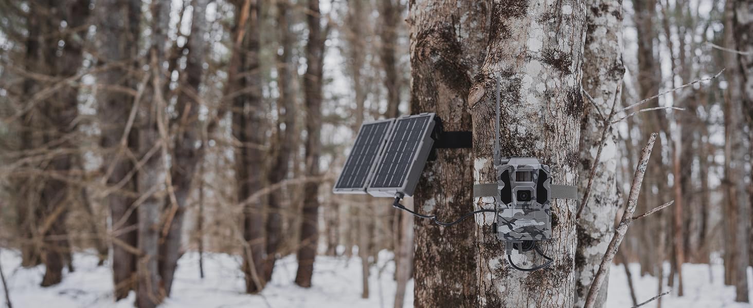 reveal folding solar panel attached to a tree with camera