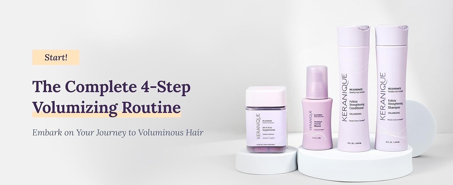Four products that volumize and thicken hair - shampoo, conditioner, mousse, and hair supplements