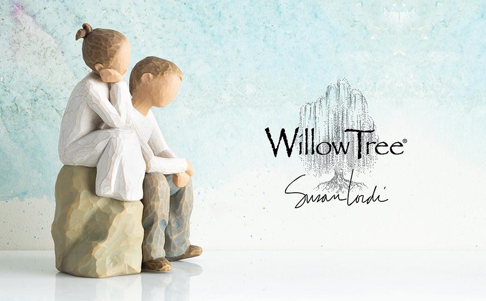 Willow Tree Brother and Sister, figure of boy and girl, seated on gray rock next to each other.