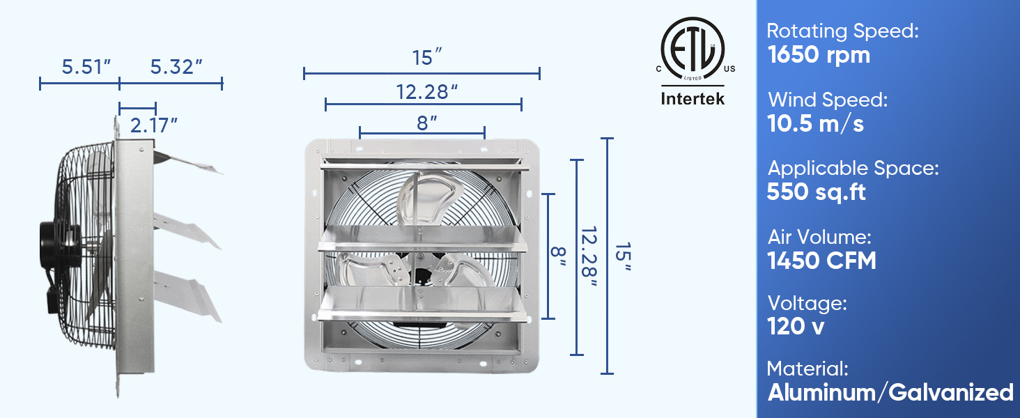 specifications of 12 inch shutter exhaust fan