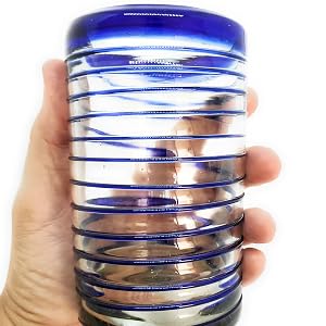 Cobalt Blue Spiral 14oz Drinking Glasses, Recycled, Toxin-Free, Lead-Free, Mexican Glass