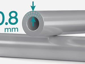 Close-up of a metal tube or pipe with an arrow pointing to its wall thickness, labeled as 0.8 mm.