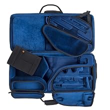 alto sax flute clarinet case open to show all sections, blue interior