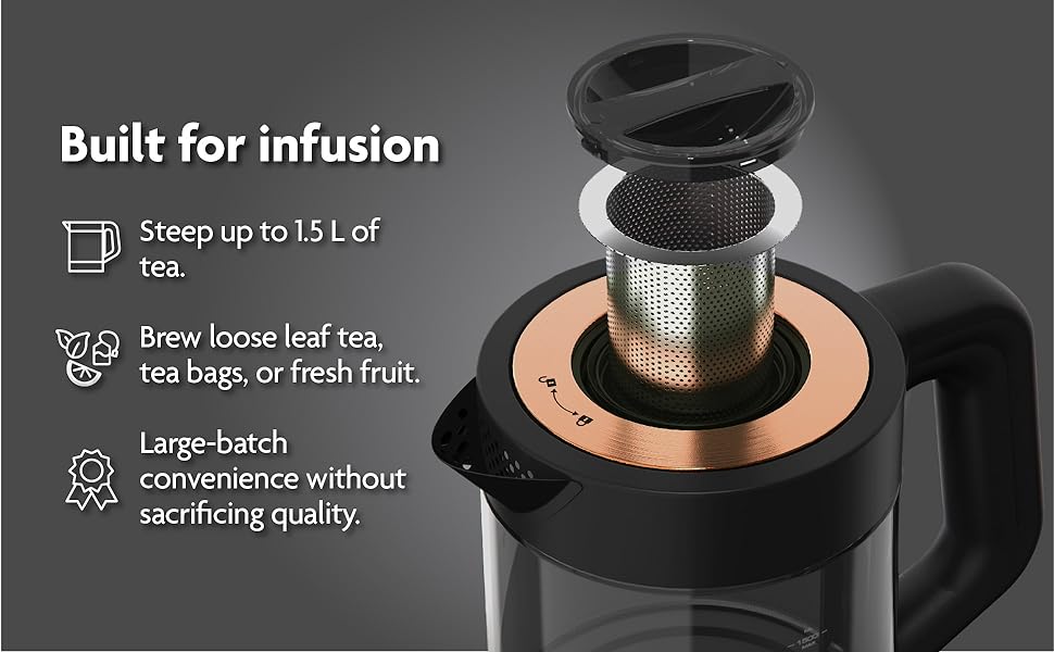 Infuser kettle brews up to 1.5L of tea bags, loose leaf, or fruit with full flavor and convenience