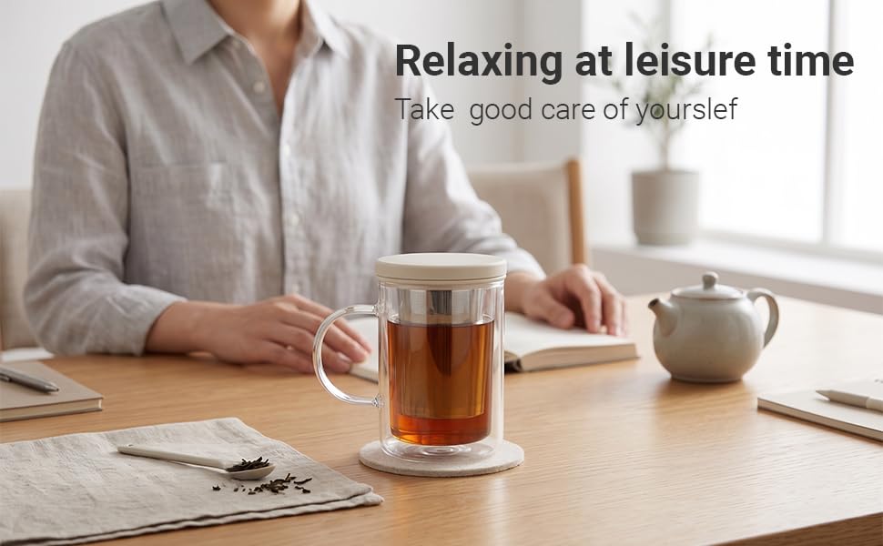 Emoi 15 oz Glass Tea Cup with Infuser &amp;amp; Lid, Ideal for Loose Leaf Tea, Gray