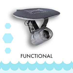 Flat seat pad with a water bottle holder dangling under it on straps on white background