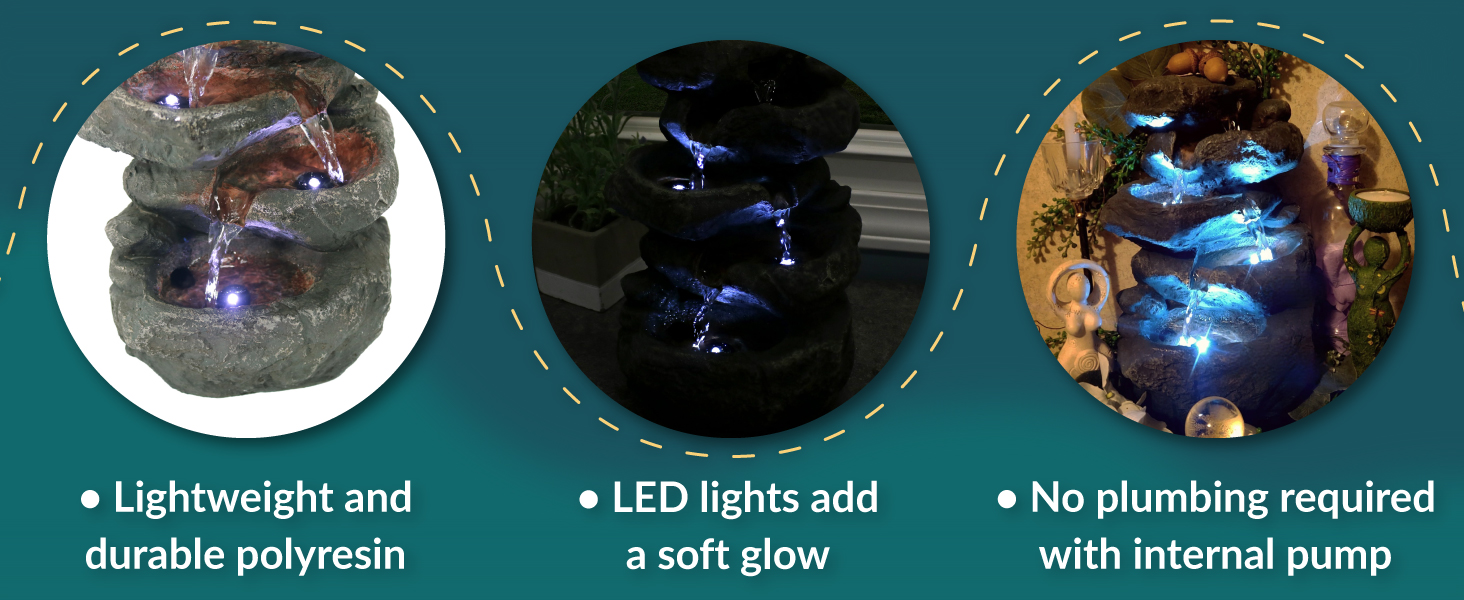 Lightweight and durable polyresin LED lights add a soft glow no plumbing required with internal pump