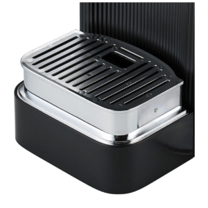 Multiple angles of a black electronic device with ventilation grilles and cooling design features against white background.