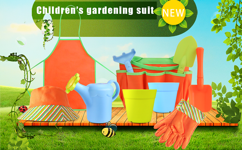 Kids gardening tools set with children's apron,bucket, tools, planter pots and gloves