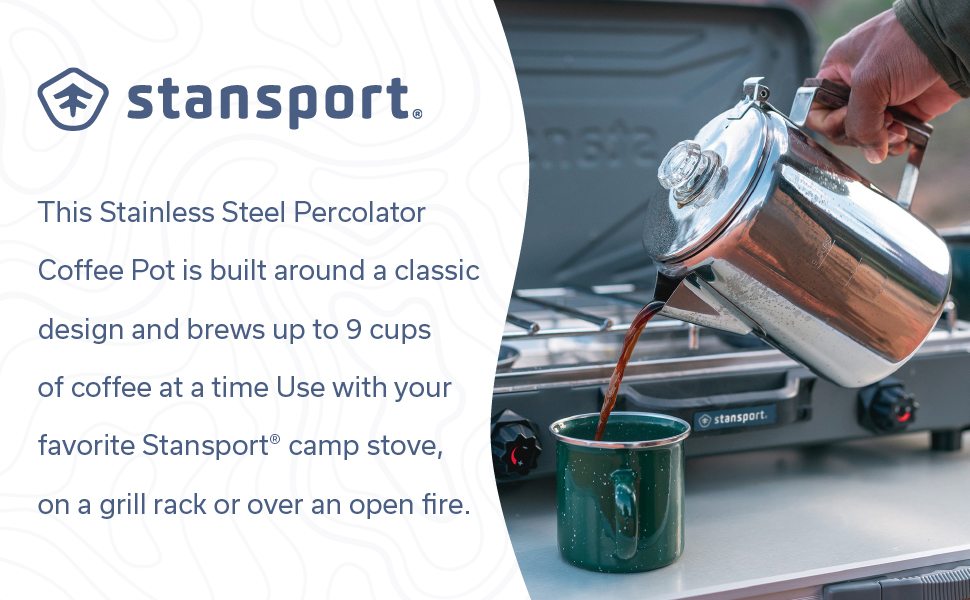 percolator pot, camp cooking, kitchen, coffee maker, camp stove, grill, stainless steel, stansport