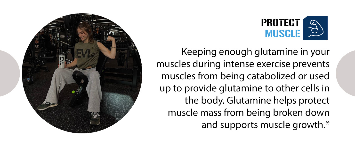 Female athlete in gym with EVL shaker. Glutamine5000 protects muscle mass, supports growth.*
