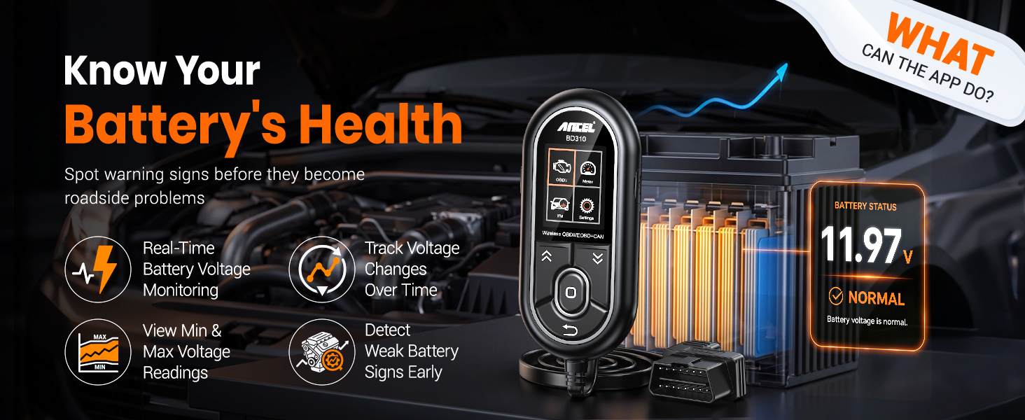 ANCEL BD310 monitors battery voltage, trends, and readings to help detect weak batteries early