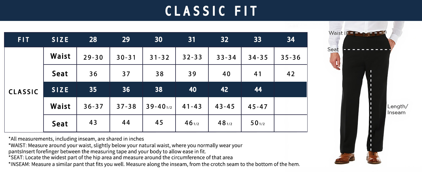 mens classic fit dress pants size chart