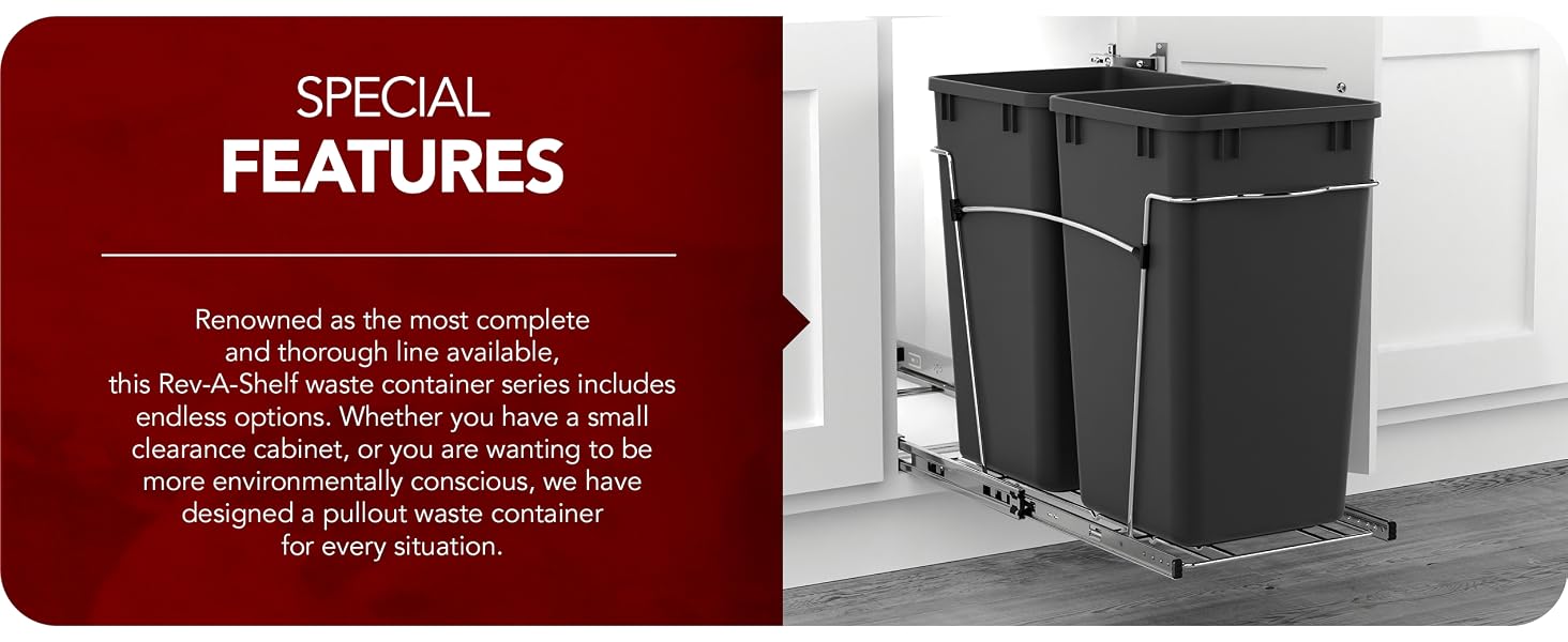 A pullout waste can under a counter. Text reads: Special Features.