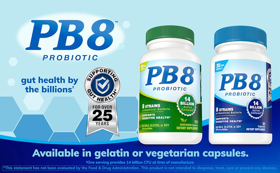 pb8 probiotic gut health by the billions available in gelatin or vegetarian capsules