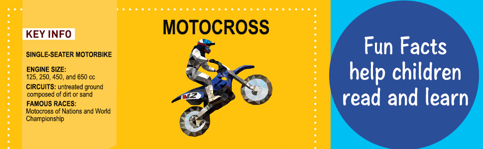 Single-seater motorbike with text, "MOTOCROSS, Fun Facts help children read and learn and Key Info"
