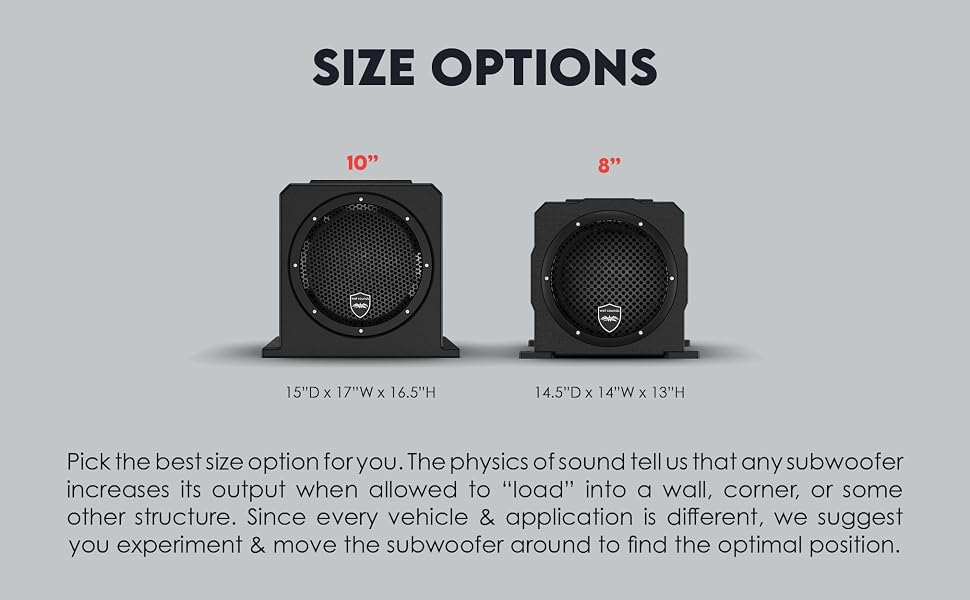 10" (15"x17"x16.5") and 8" (14.5"x14"x13") options: output is increased when loaded into wall/corner