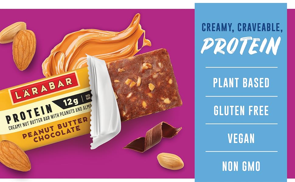 Larabar Protein Peanut Butter Chocolate bar partially unwrapped with peanuts almonds chocolate and p