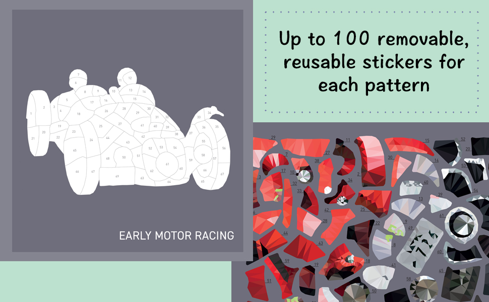 Early Motor Racing outline with stickers and text, "Up to 100 removable stickers for each pattern"