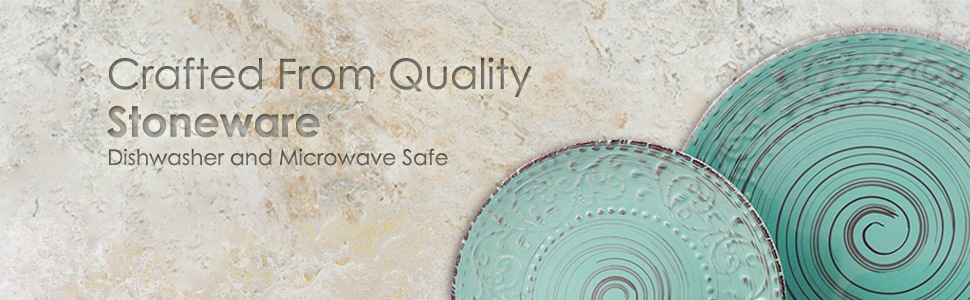 turquoise blue emboss tropical stoneware dinnerware dish set setting for 4 microwave dishwasher safe
