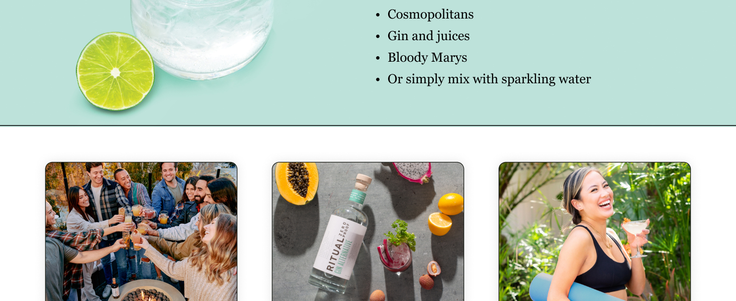 People cheersing, Ritual Whiskey Alternative, woman holding yoga mat