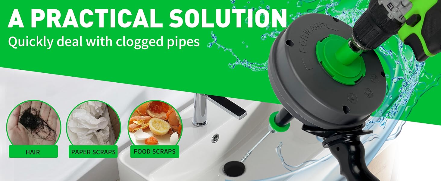 Drain cleaning tool with black and green components, showing effectiveness on hair, paper scraps, and food scraps in pipes.