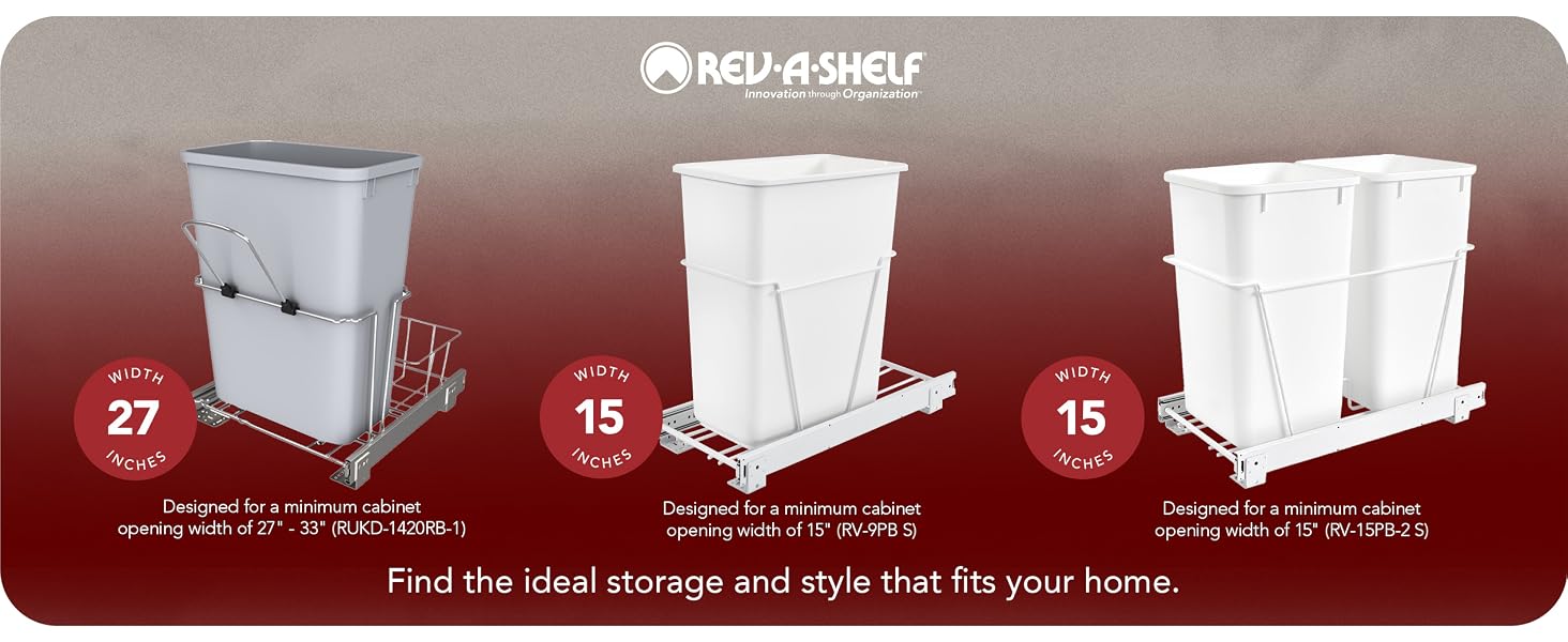 The different sizes and types of the Rev-A-Shelf Metal Bottom Mount Waste Containers.