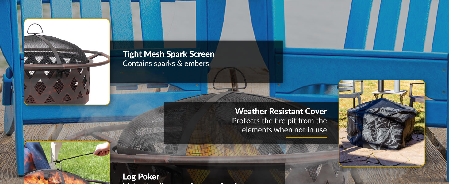 Tight mesh spark screen contains sparks and embers weather resistant cover protects from elements