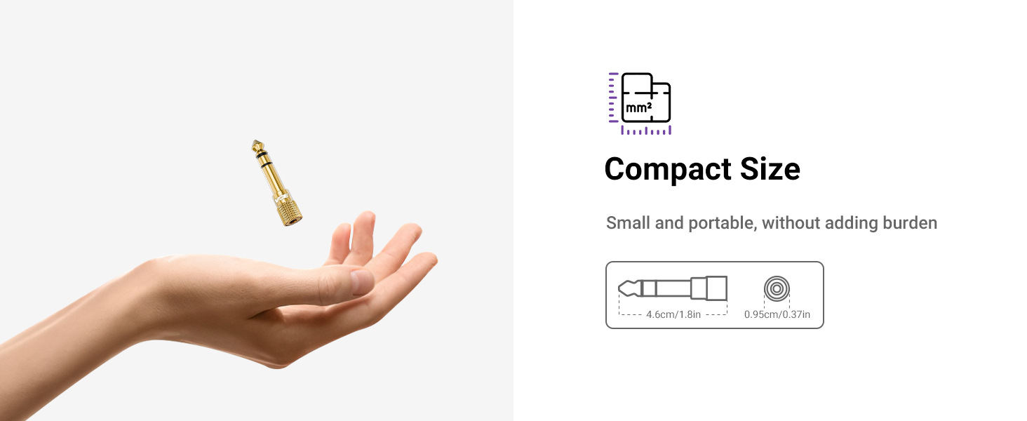 Small gold-colored device held in a hand, with 'Compact Size' text and icons indicating portability