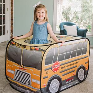 Adorable kids tent with a school bus design