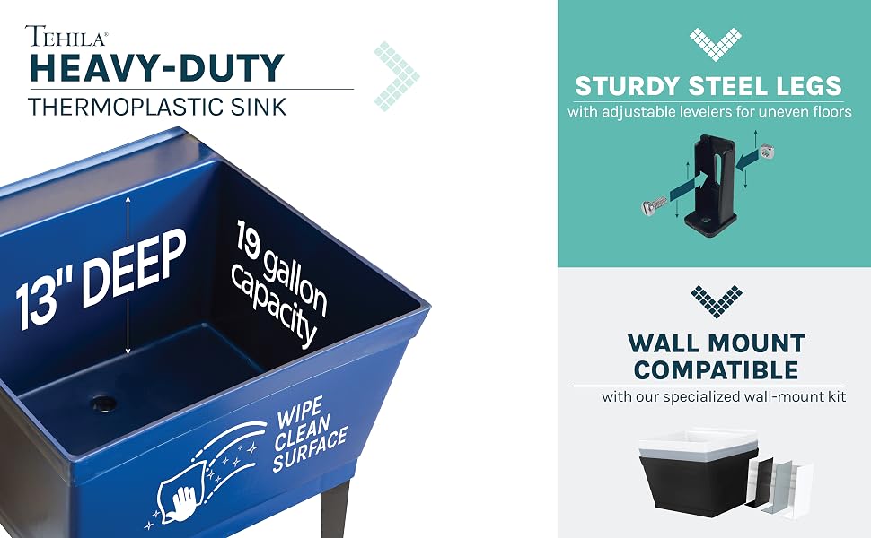 Tehila Utility Sink Laundry Tub Heavy Duty Steel Legs wit Levelers