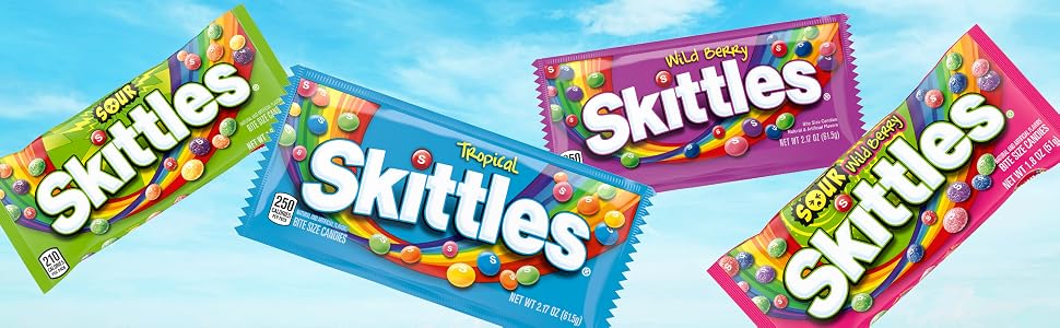 SKITTLES chewy candy with Sour, Tropical, Sour Wilf Berry and Wild BErry