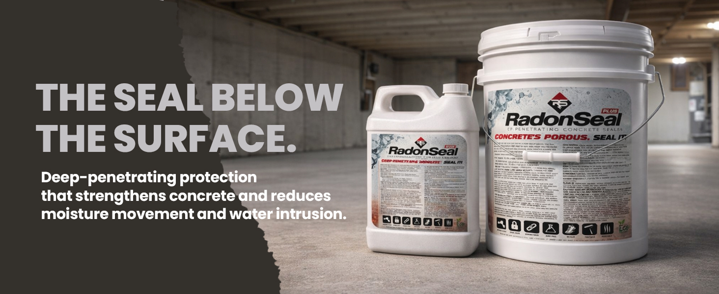 RadonSeal penetrating concrete sealer pails on a basement floor.