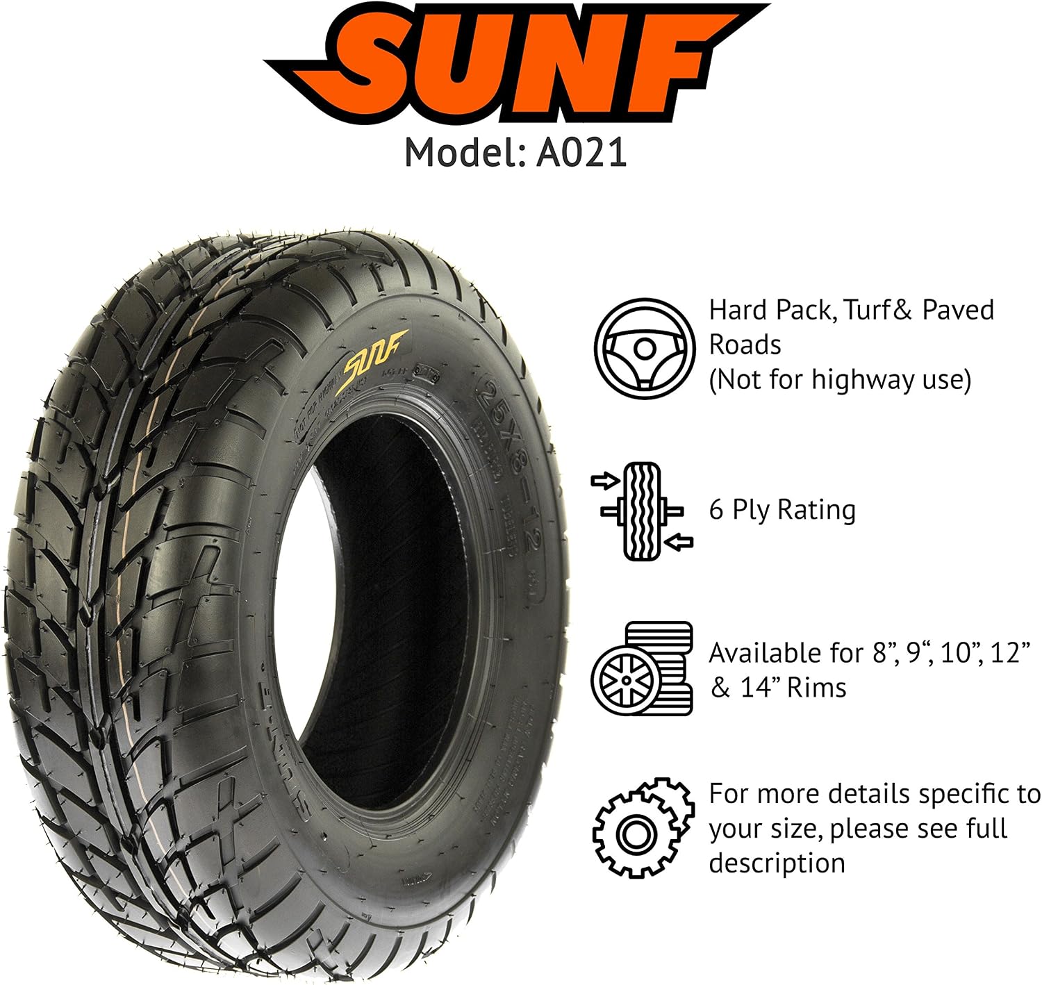 SunF 25x10-12 ATV UTV Tire 25x10x12 Hardpack Race Sport 6 PR A021 - PAIR of 2