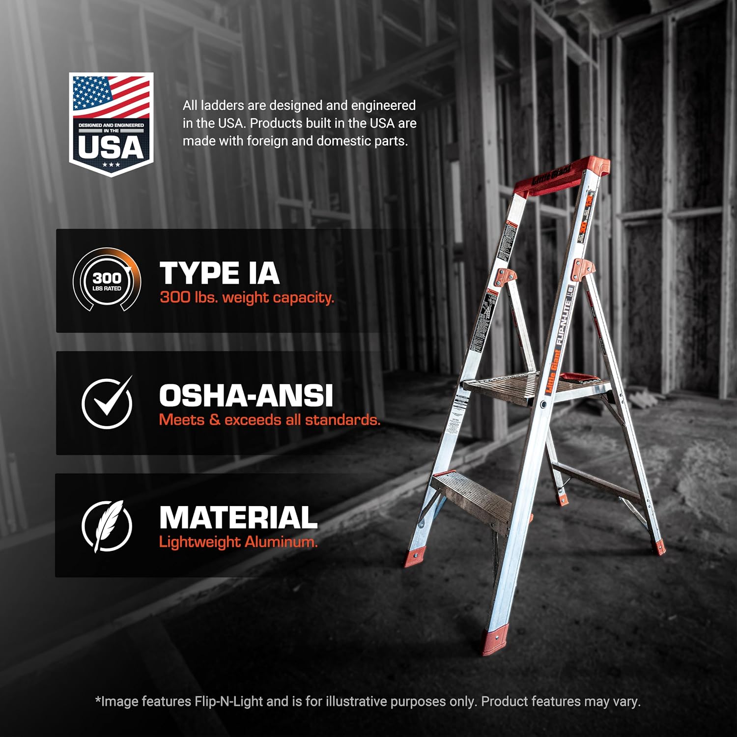 Little Giant Flip N Lite 5-ft Aluminum Stepladder, 15273-001 | Ultra Lightweight Ladder, Easy Release Handle, Wide Anti Slip Steps