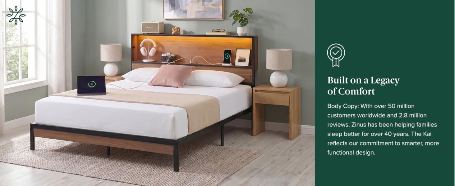 Zinus Kai Platform Bed Frame with amber LED lighting and storage shelves in a bright bedroom