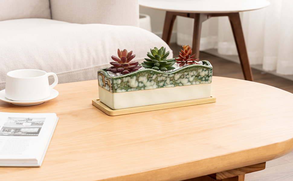 Beige Green Ceramic Glazed Rectangular Succulent Planter Pot