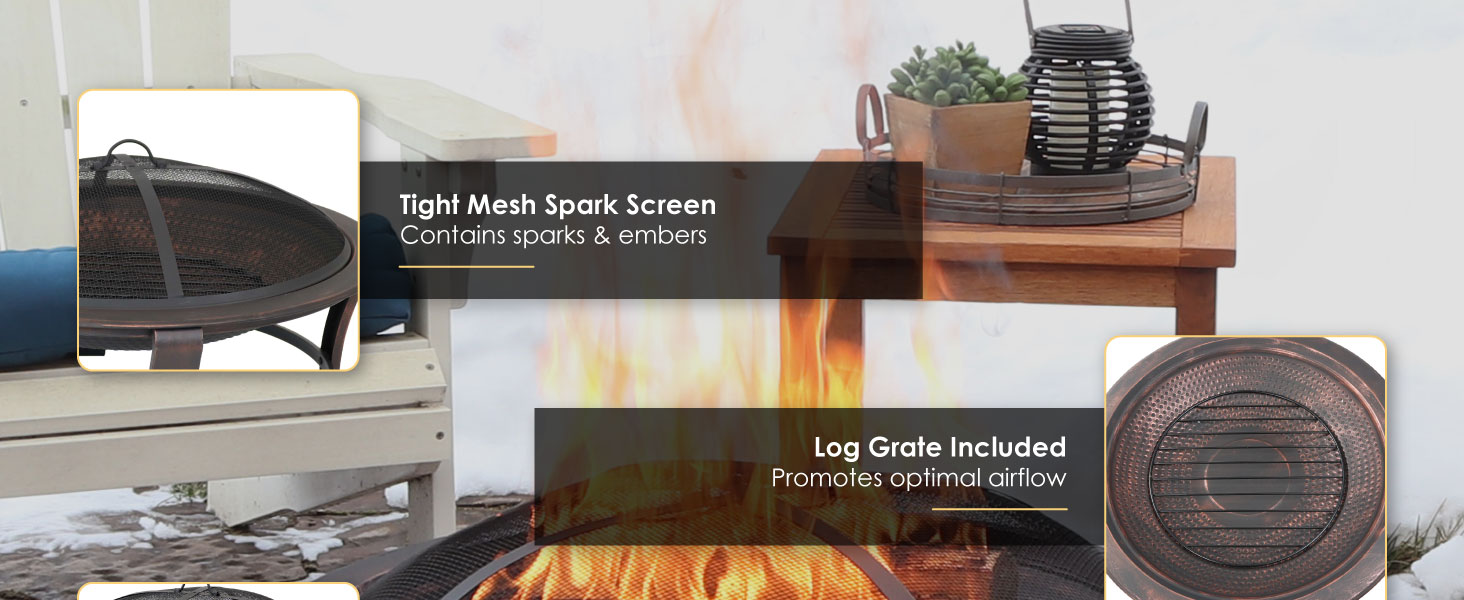 29-Inch Elevated Wood-Burning Fire Pit Bowl with Stand - Spark Screen, Wood Grate