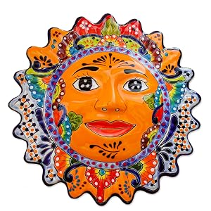 Novica Sun Ceramic Wall Sculpture Sol Cerámico Escultura Decoración de pared Decoración del hogar
