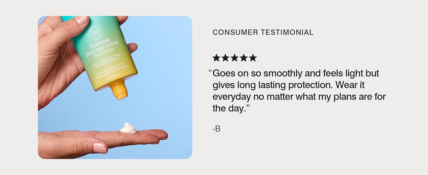 customer testimonial-I love this sunscreen. I have dry/normal skin. This keeps my skin protected