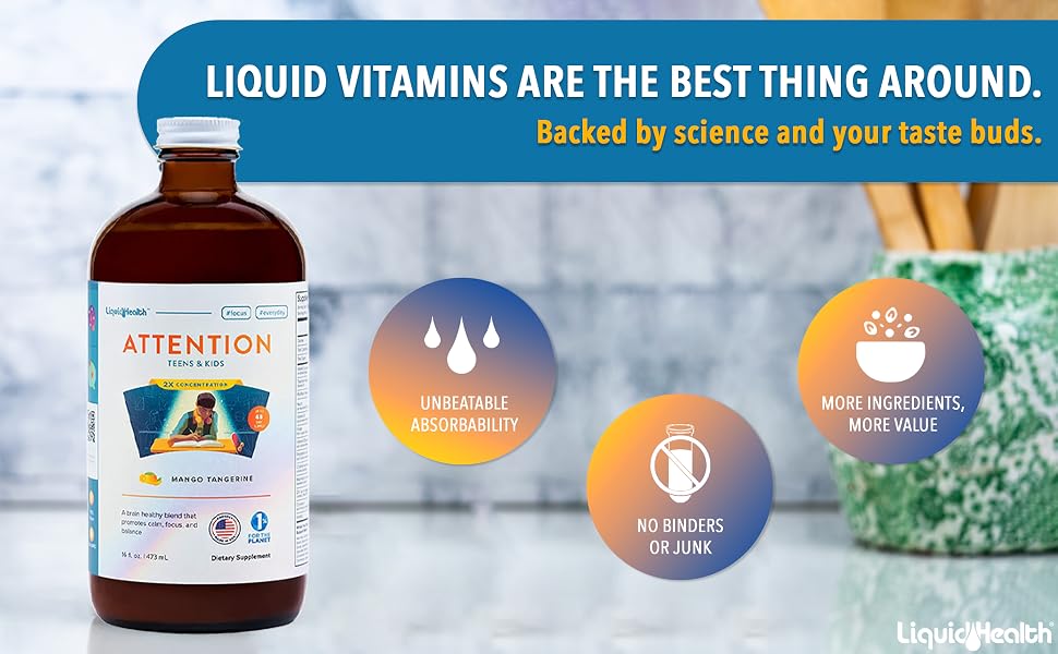 liquidhealth, liquid vitamins, children's vitamin, multivitamin, kids attention &amp; focus