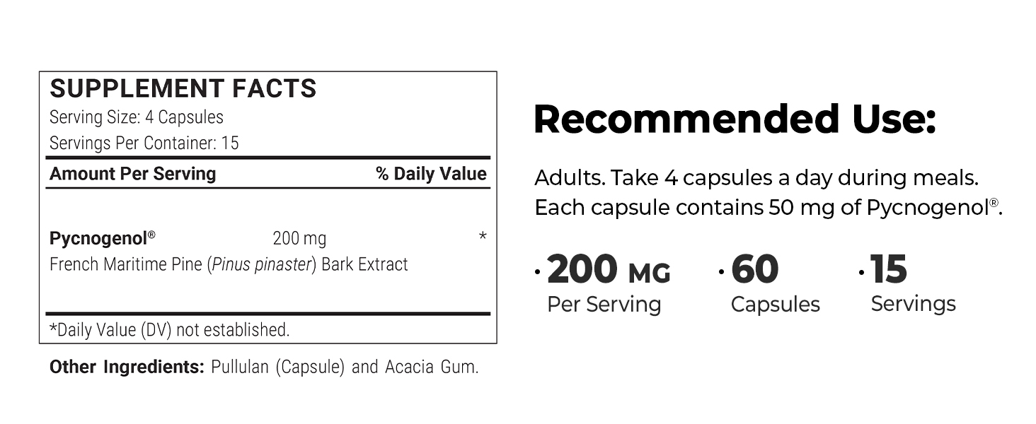 Supplement Facts Pycnogenol 200 MG Per Serving 60 Capsules French Maritime Pine Bark Extract
