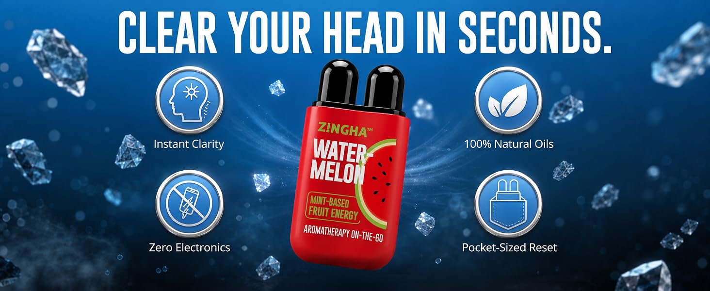 Zingha Watermelon inhaler with instant clarity, natural oils, and pocket-sized reset icons