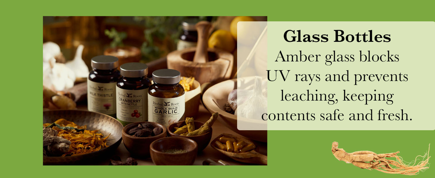 Amber glass blocks UV rays and prevents leaching, keeping contents safe and fresh.
