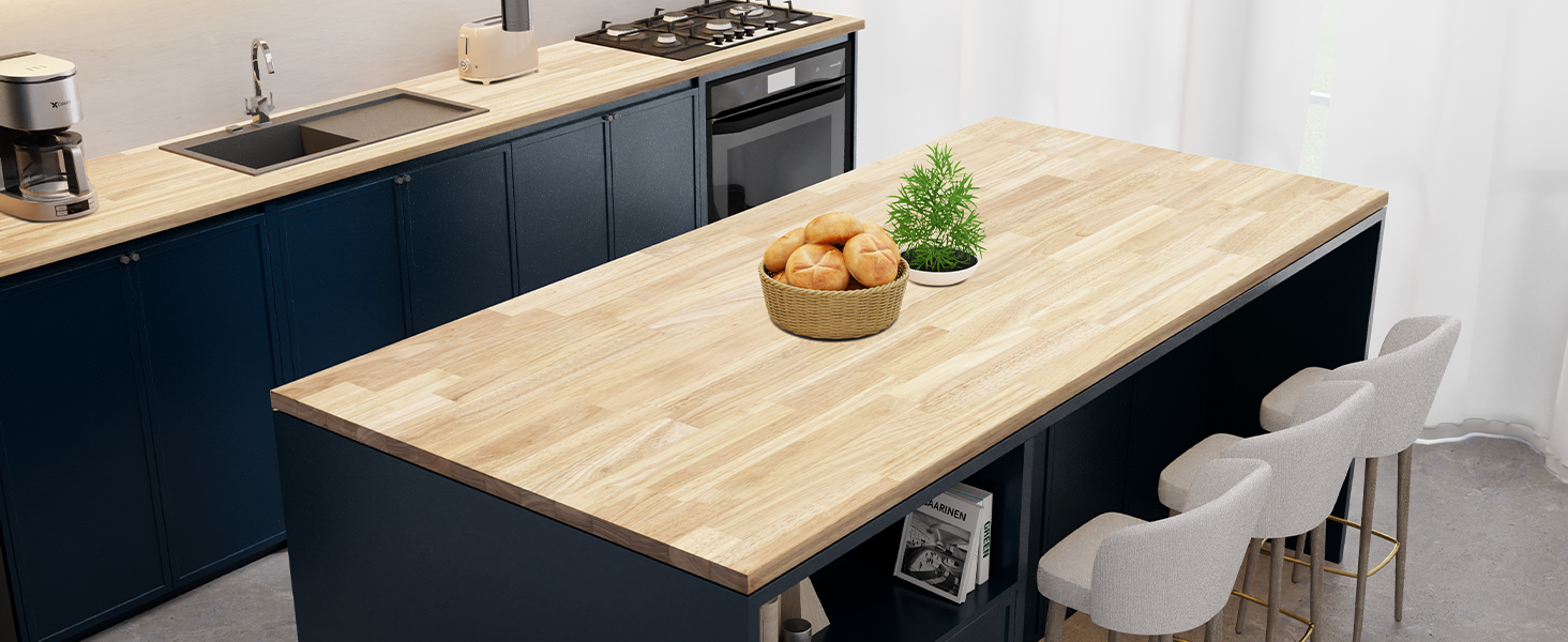 With a smooth surface, this butcher block table top is ideal for kitchen tasks