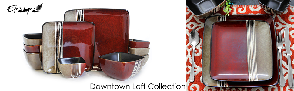 red square striped glazed stoneware double bowl dinnerware dish set for 4 microwave dishwasher safe