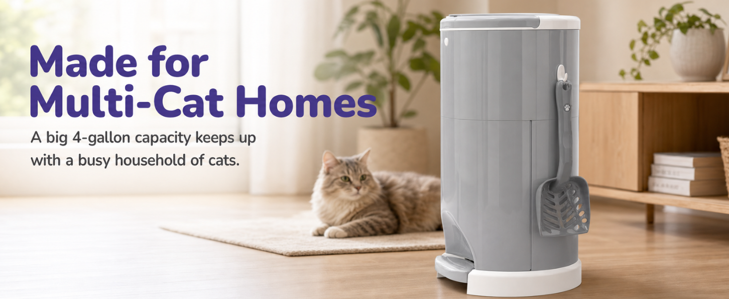 Litter Champ cat litter garbage can in a living room, sized for multi-cat homes