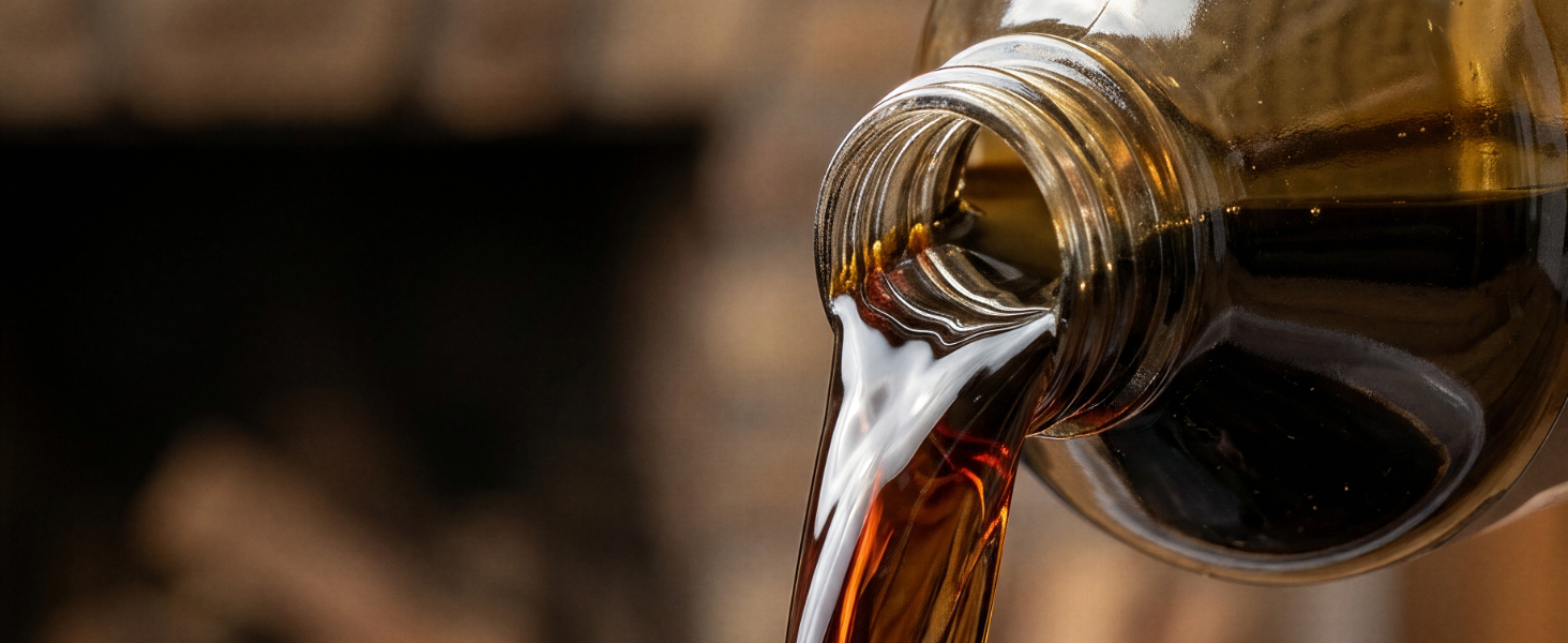 Close-up sequence showing amber liquid being poured from a glass bottle, likely a beverage, with warm lighting and bokeh effect.